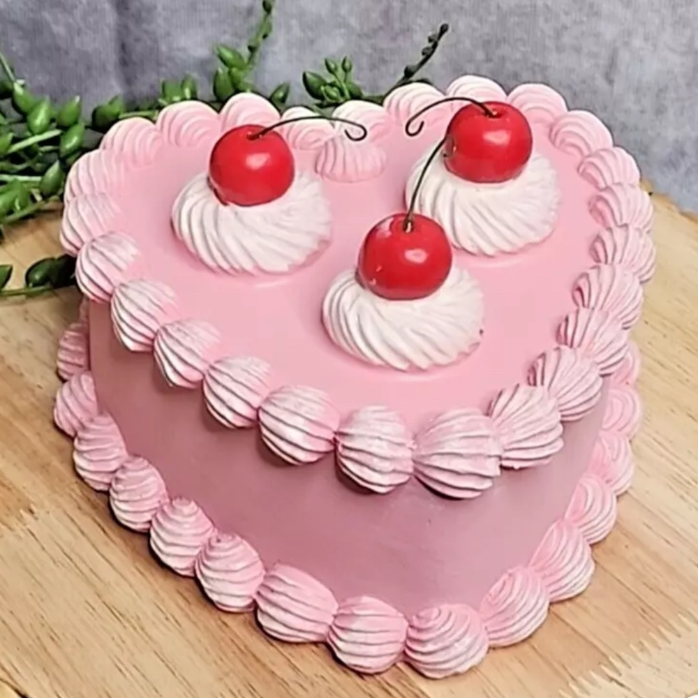 Valentines Day Pink Faux Heart Cake With Red Cherries Figurine Figure 6" x 6"